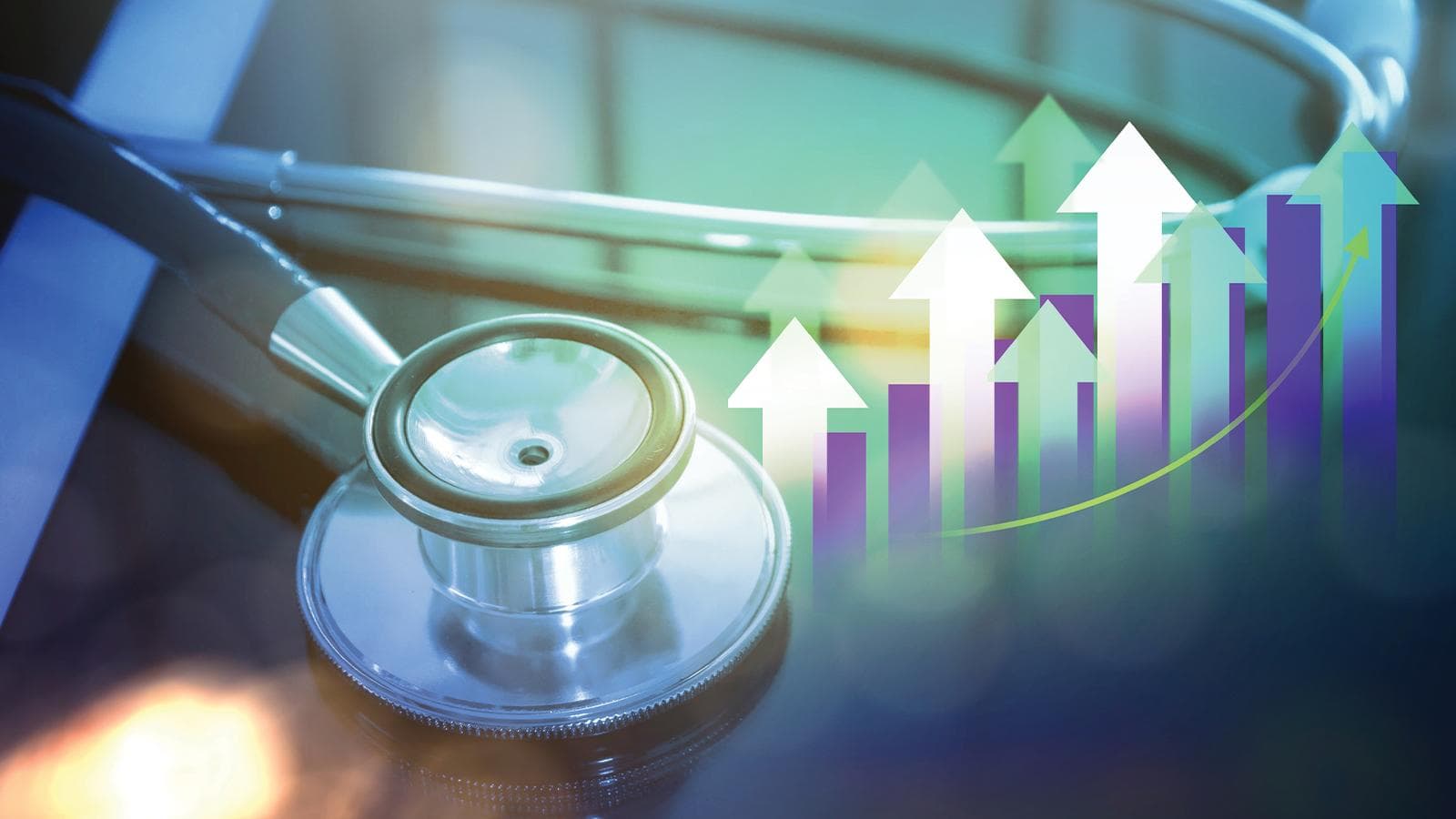 Stethoscope and arrows pointing upward